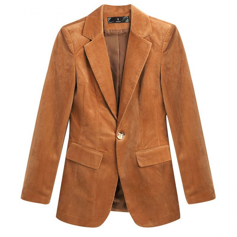 Winter Corduroy Casual Business Attire Ladies Solid Single Button Fashion V-Neck Long Sleeve Suit Coat Female 210514