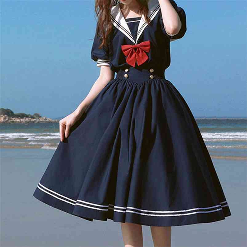 Harajuku Sailor Collar Navy Dress Japanese Lolita Sweet Bow-knot Girl Retro Cotton Kawaii Preppy Style Short Sleeve Women 210623