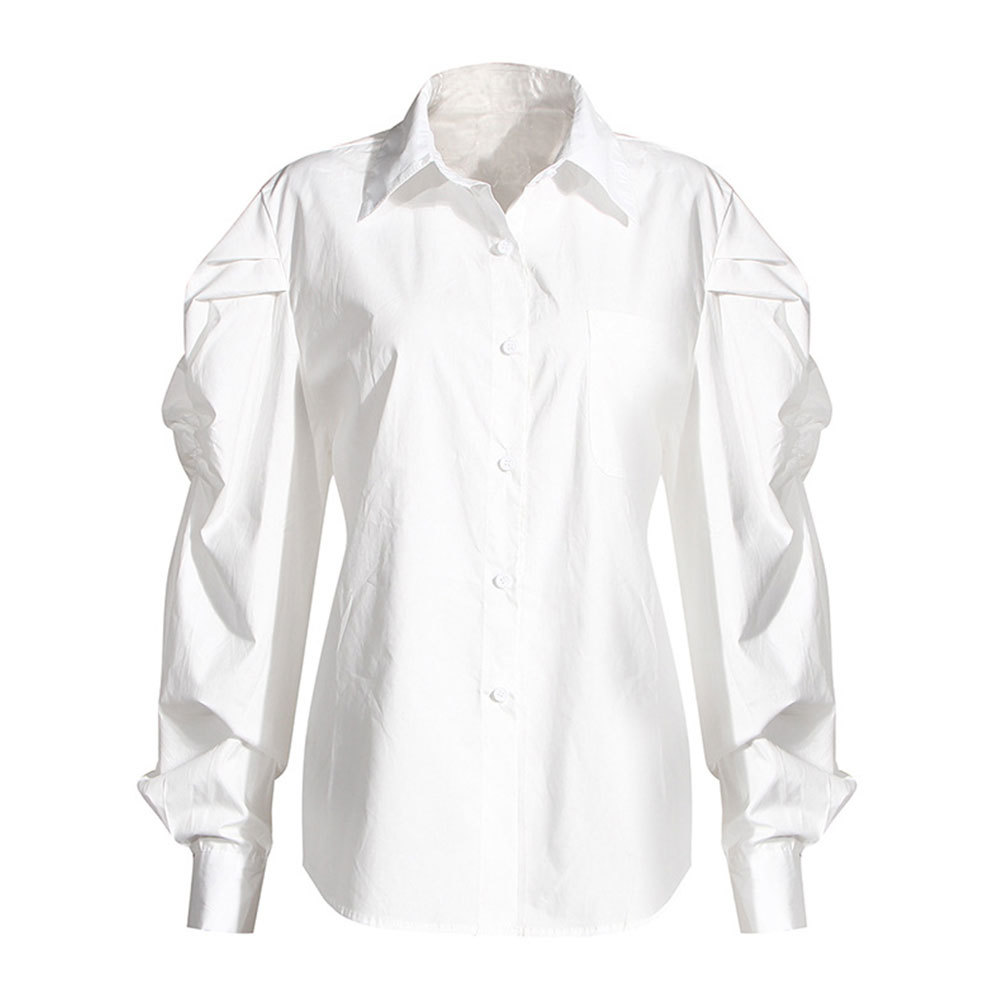 Women Puff Long Sleeve Blouse Elegant Office Lady Single Breasted Shirt Turn-Down Collar White Tops and 210428