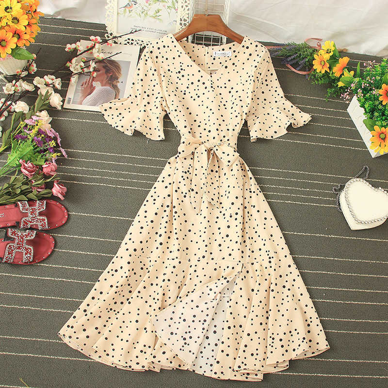 LY VAREY LIN Summer Polka Dot V neck Flare Sleeve Dress Casual Slim High Waist Mid-Calf Women 210526