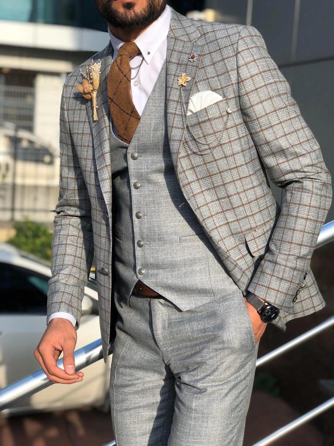 Classic Wedding Tuxedos Men's Suits Slim Fit 3 Pcs Suit for Men Check Business Mens Groom Tuxedo Prom Tailor Notch Custom Made