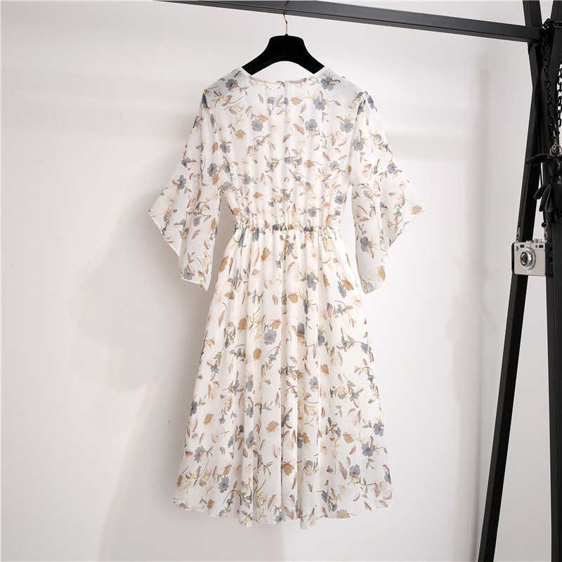Spring Summer Chiffon Dress Women Knee Length V-Neck Print es Sweet Ruffle Sleeeve Slim Casual Drawstring 210607