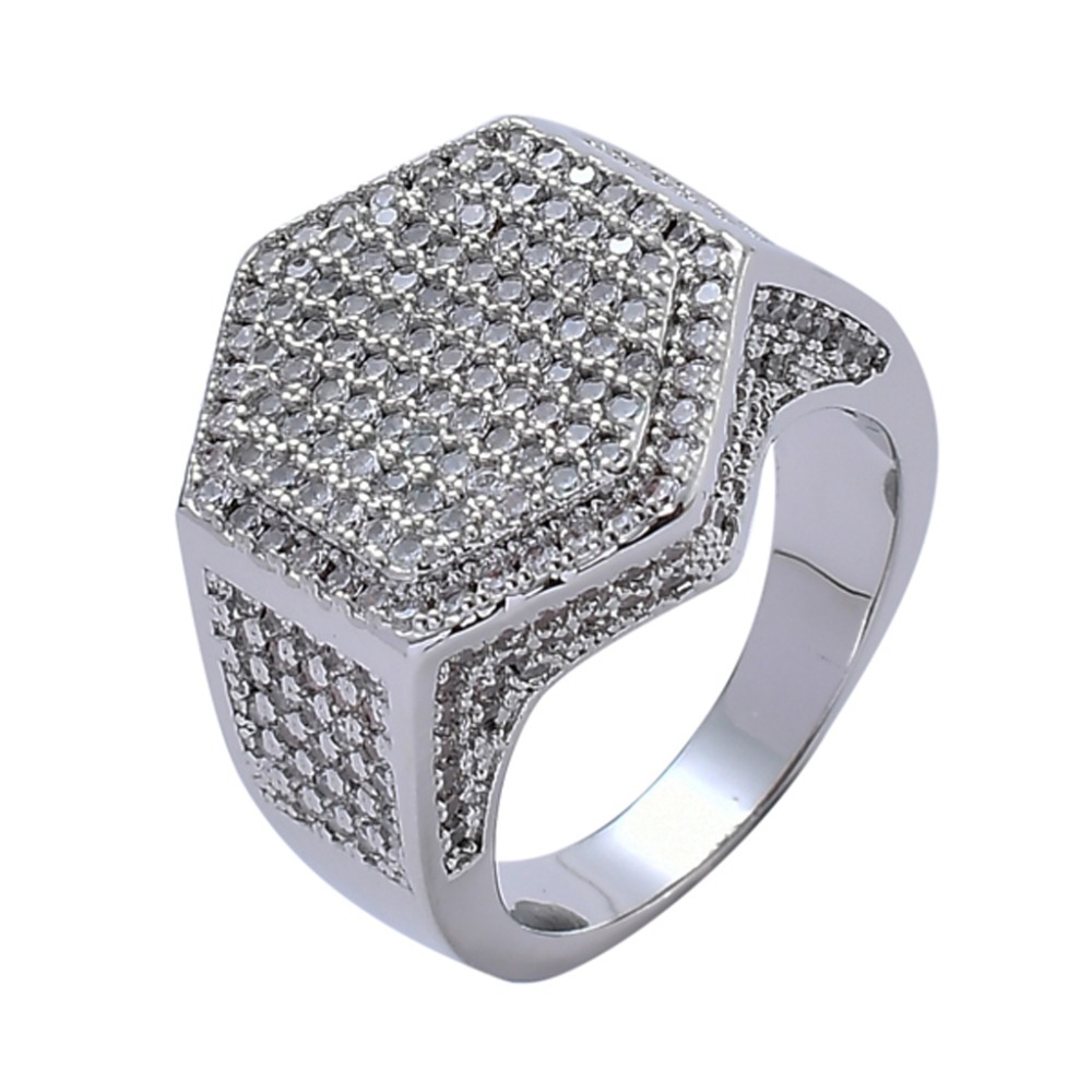 Fashion Micro Paved CZ Zircon Hexagon Finger Ring Iced Out Bling Punk Rock Cubic Zirconia Rings Jewelry 18K Real White Gold Mens Hip Hop Engagement Gi