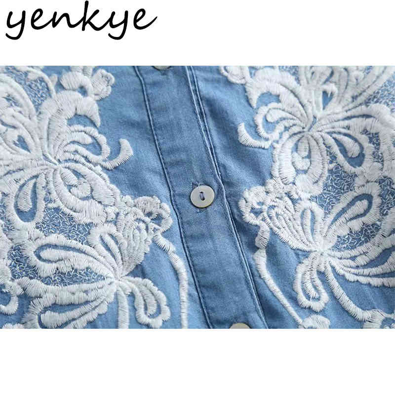 Floral Embroidery Vintage Blue Denim Shirt Blouse Women O Neck Lantern Sleeve Casual Plus Size Tops Summer Blusas 210430