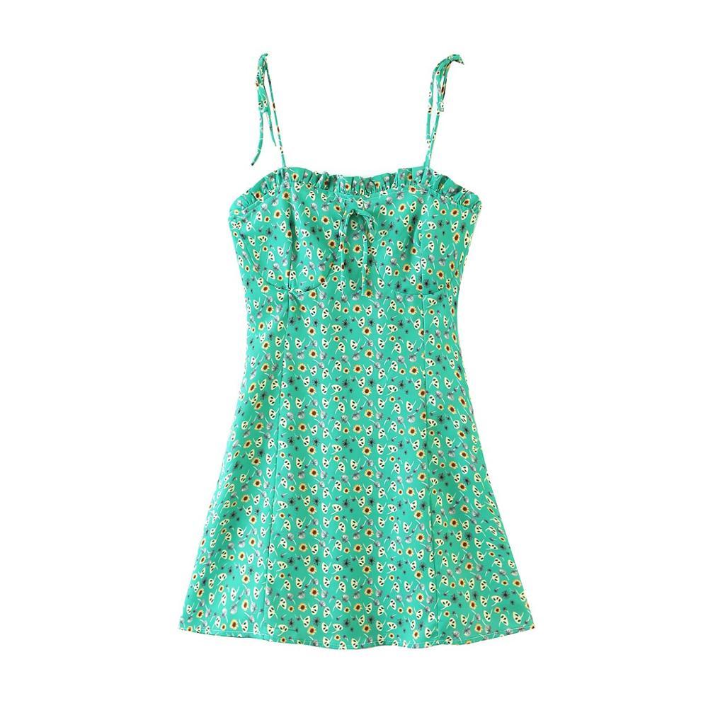 Summer Sexy Flower Print Cross Bandage Lacing up Bow Backless Sling Dress Holiday Woman Spaghetti Strap A line Short 210429