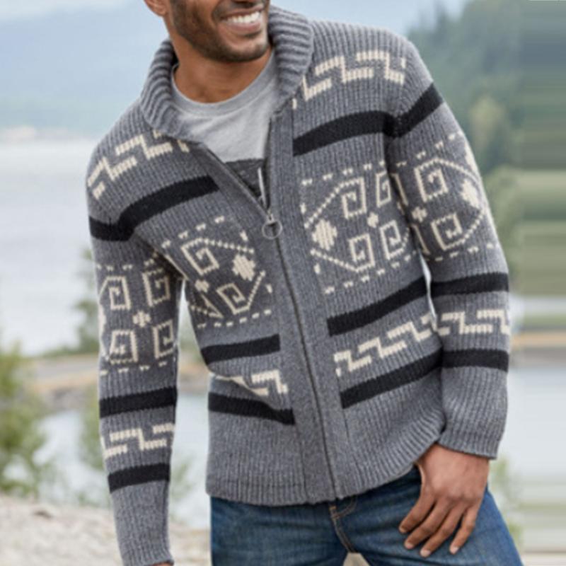 Men's Vintage Pattern Knitted Zipper Cardigan Sweater Casual Long Sleeve Autumn Winter Warm Coat B3