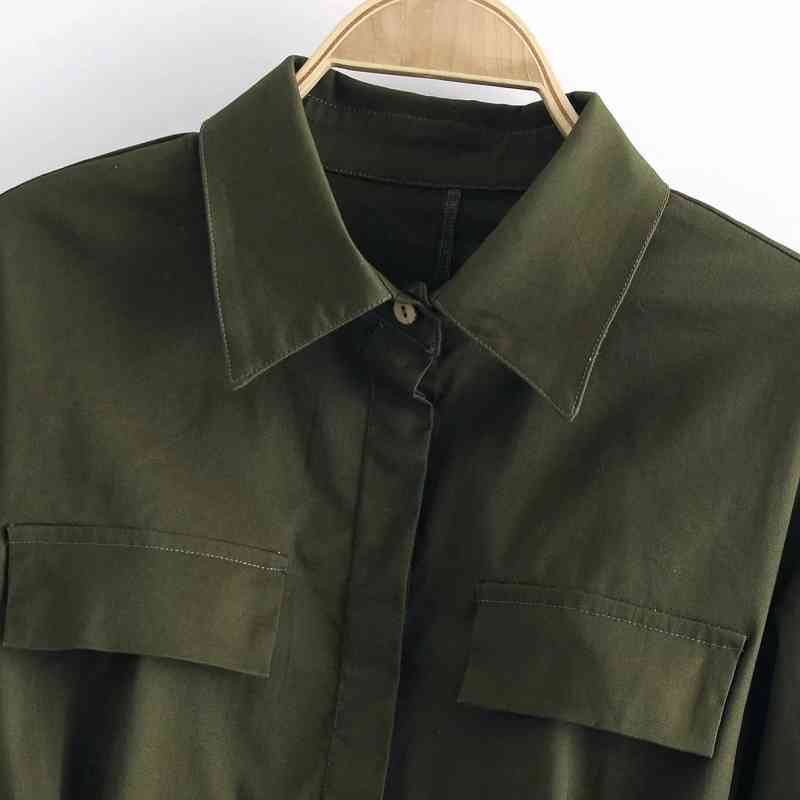 Women Army Green Slim Mini Shirt Dress Female Turndown Collar Long Sleeve Clothes Casual Lady Vestido D7018 210430