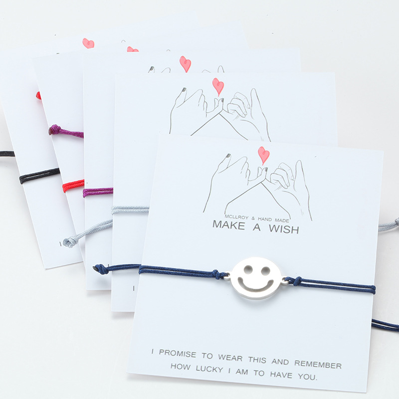Silver Color Stainless Steel Cute Smile Bracelets Adjustable String Jewelry for Couples Friends With Card Make A Wish
Silver Color Stainless Steel Cute Smile Bracelets Adjustable String Jewelry for Couples Friends With Card Make A Wish