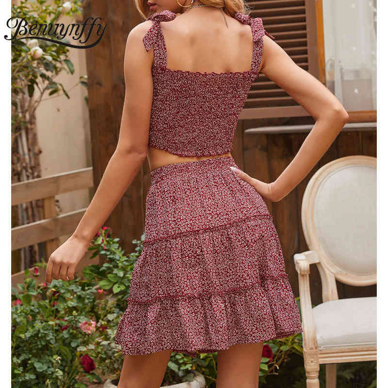 Boho Casual Floral Print Two Piece Set Women Bow Strap Frill Trim Crop Top with Skirts s Summer Holiday 210510