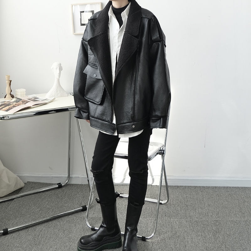 IEFB Autumn winter clothes men's deconstruction asymmetric thickening one piece of fur PU leather jacket large size 9Y4644 210524