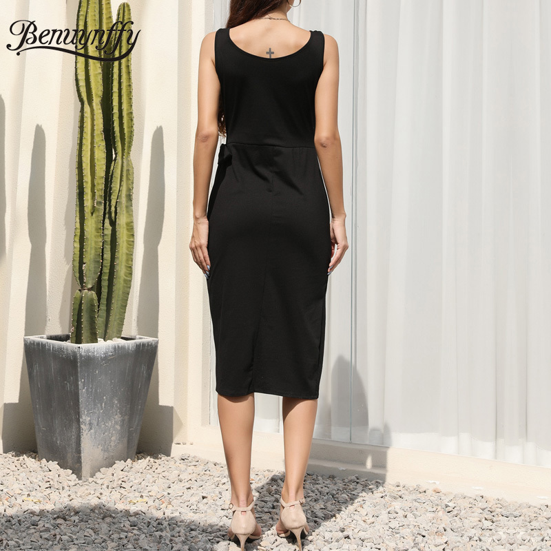 Round Neck Ruched Tie Waist Solid Midi Dresses Women Summer Sleeveless Black Elegant Office Lady Slim Fit Tank Dress 210510
