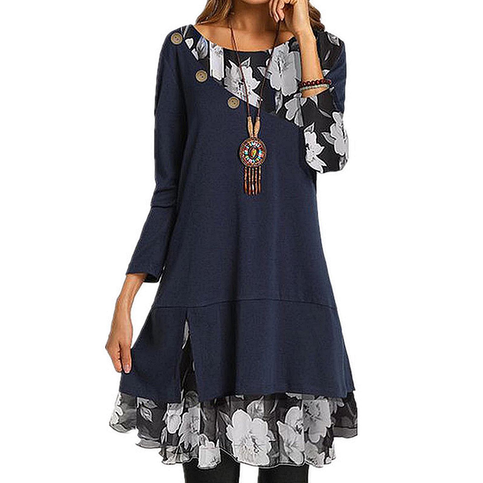 women dress fashion womens o neck long sleeve floral print patchwork buttons loose mini a line spring winter, Black;gray
women dress fashion womens o neck long sleeve floral print patchwork buttons loose mini a line spring winter, Black;gray