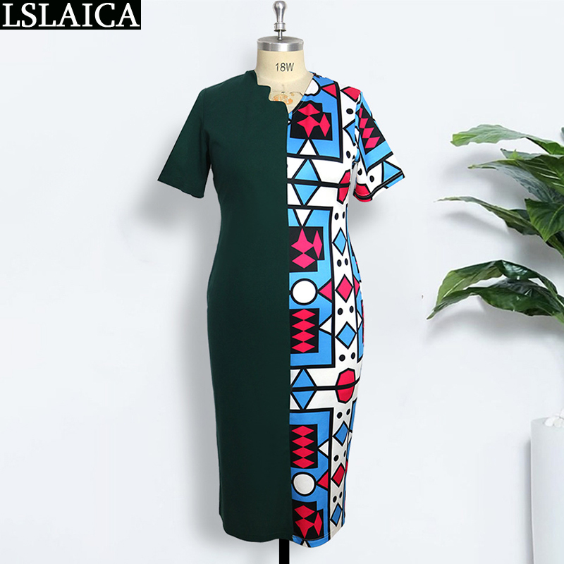 Dress Women Summer Fashion Short Sleeve Patchwork Print Elasticity Female Midi Plus Size Casual Womens Clothing Vestido 210520