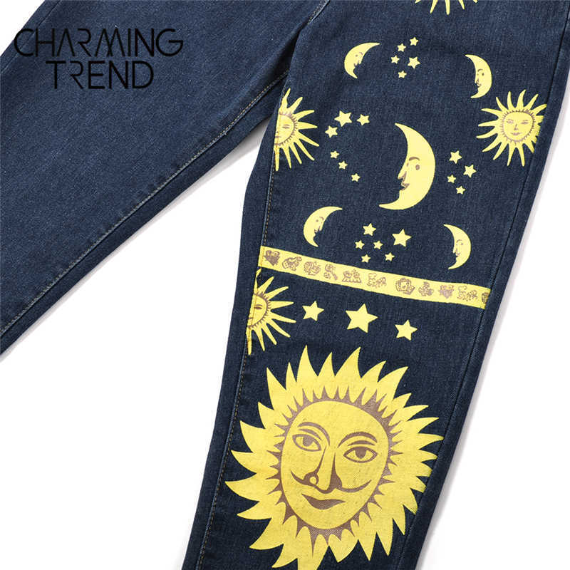 Women's High waist Pant jeans Female Summer womens Jeans Trousers Girls Denim Chic Fashion Moon Star Sun Print Pant 210809