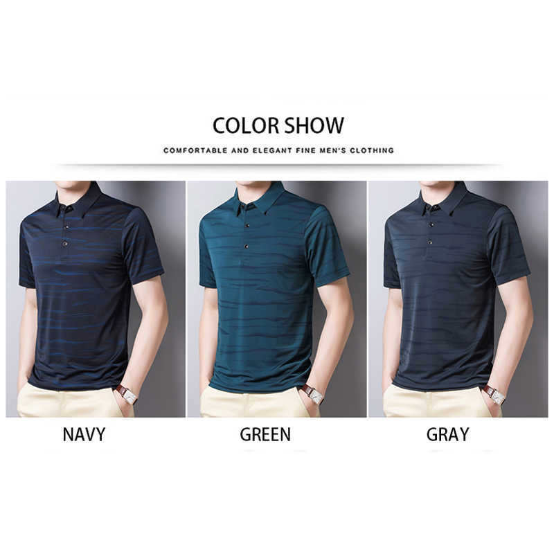 BROWON Fashion Striped Men Tshirt SummerThin Breathable Turn-down Collar Male Tees Short Sleeve Business Work Plus Size Tops 210707