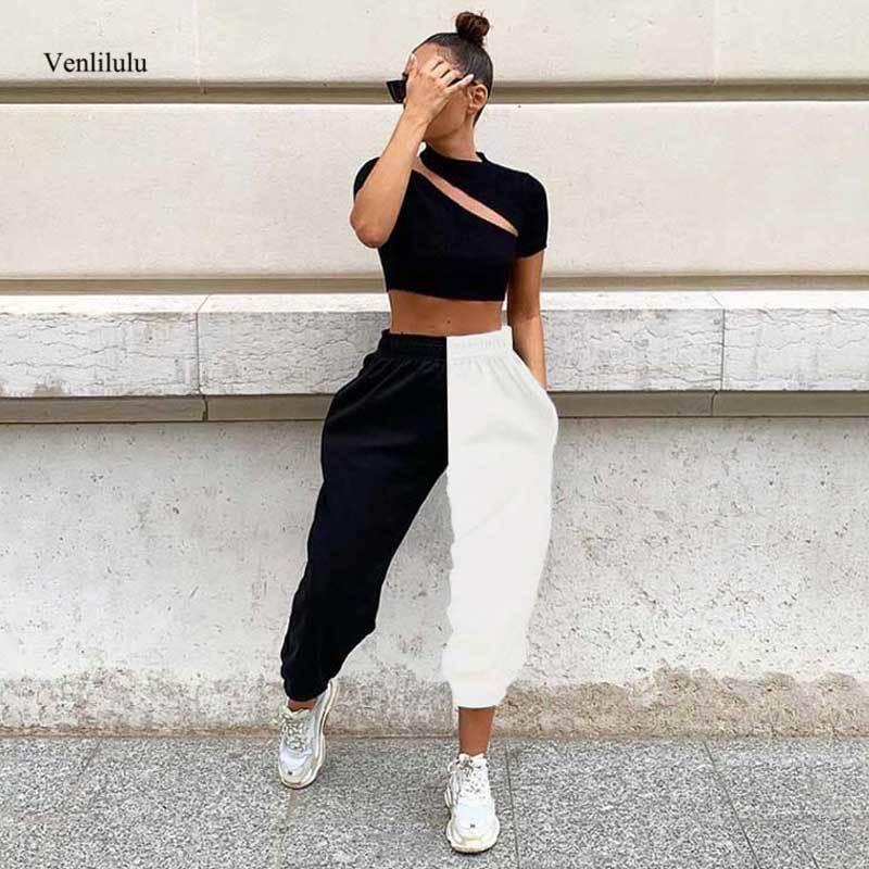Half Black Half White Pants Women Trousers Sweat Baggy Pants Women Joggers High Waist Sweatpants For Women Streetwear 210319