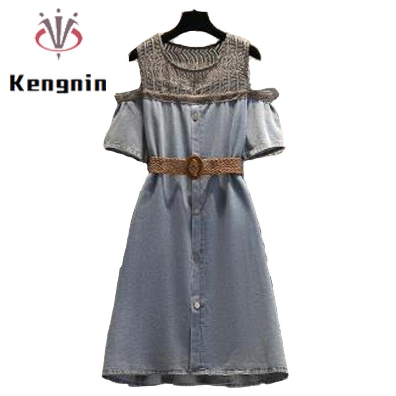 Plus Size Dresses 4XL Women's 2021 Summer Lace Patchwork Denim Femlae Robe Dress Off The Shoulder With Belt Ladies KE1562
Plus Size Dresses 4XL Women's 2021 Summer Lace Patchwork Denim Femlae Robe Dress Off The Shoulder With Belt Ladies KE1562