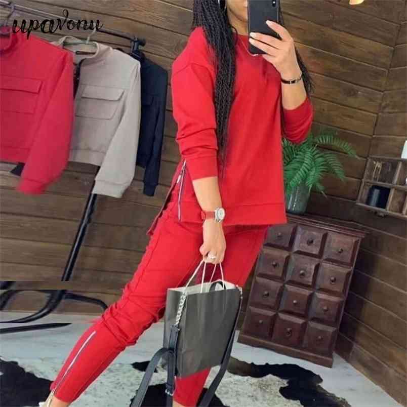 Free Sportswear Two-piece Women's Long Sleeve Pullover & Elastic Pants Fashion Red Autumn Casual Sst 210524