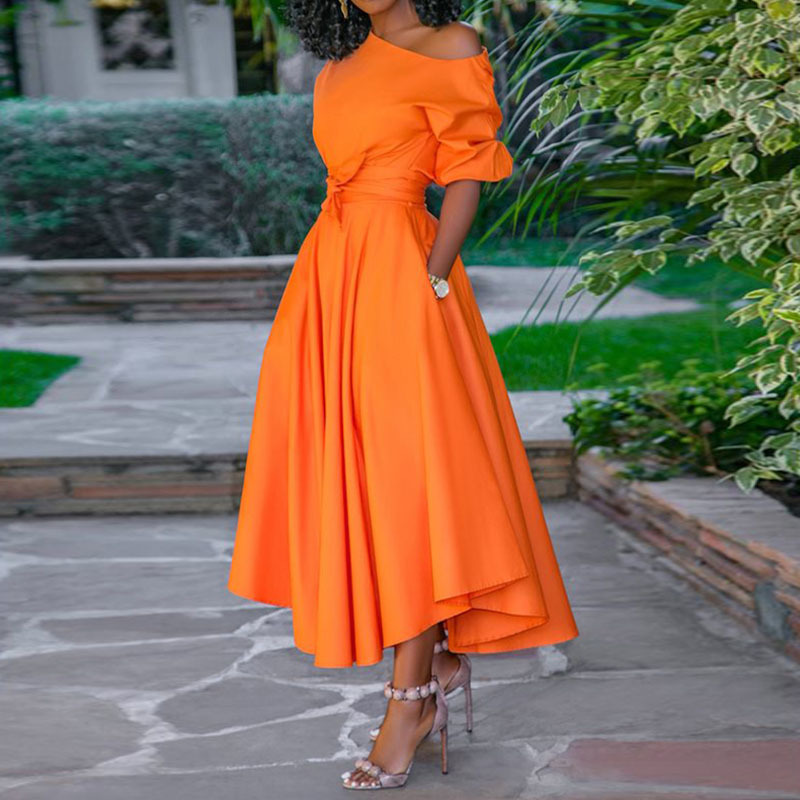 Paris Girl Casual Long Dress Women Summer One Shoulder Sexy Fashion Street Travel High Waist Robe Ladies Big Swing Elegant Day 210524