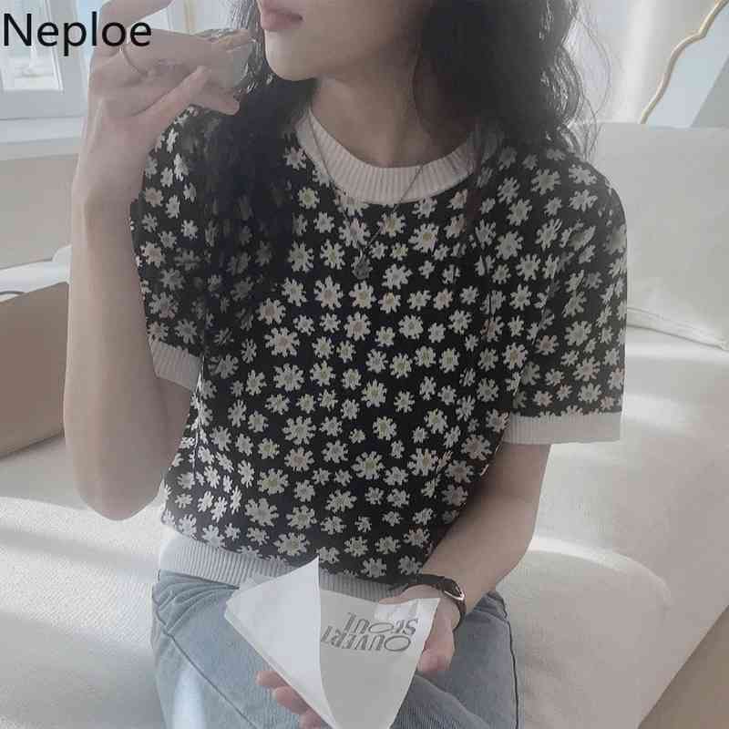 Neoloe Cropped Sweater Tops Puff Sleeve T Shirts Knit Sweater Shirt Women Clothes Vintage Print Korean Tshirt Summer Tees 210422