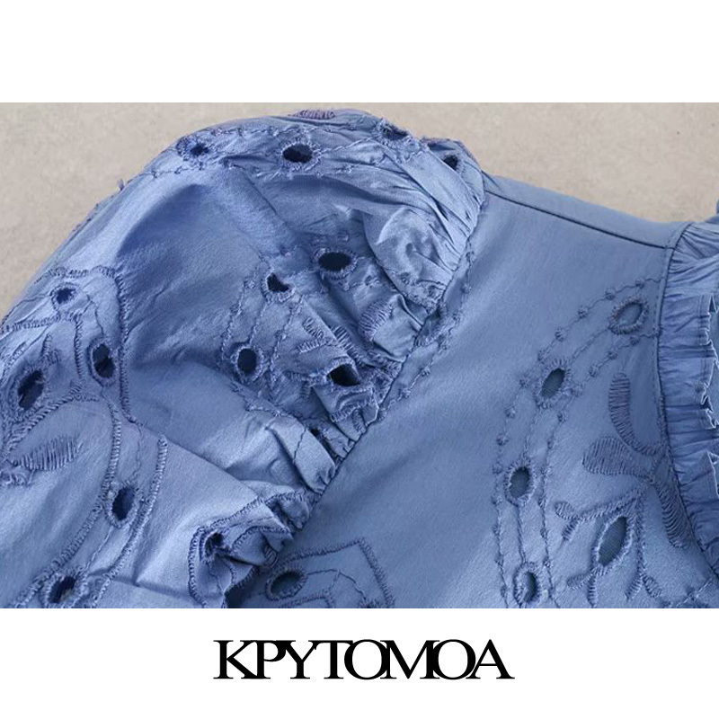 Women Chic Fashion Hollow Out Embroidery Mini Dress High Neck Puff Sleeve Female Dresses Vestidos Mujer 210420