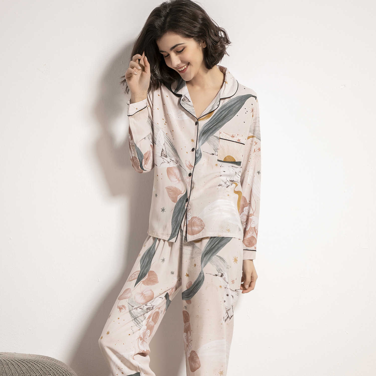Cotton Long-sleeved Long Trousers Women Pajamas Set for Spring and Summer Autumn Comfortable Cardigan Tops Ladies Cotton Pajamas 210924