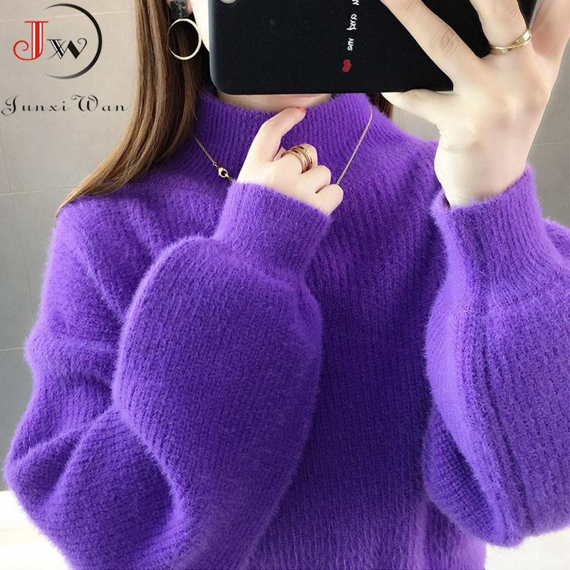 Thick Mohair Women Sweaters Turtleneck Soft Lantern Sleeve Short Pullovers Fashion Autumn Winter Sweater Solid Jumpers 210510