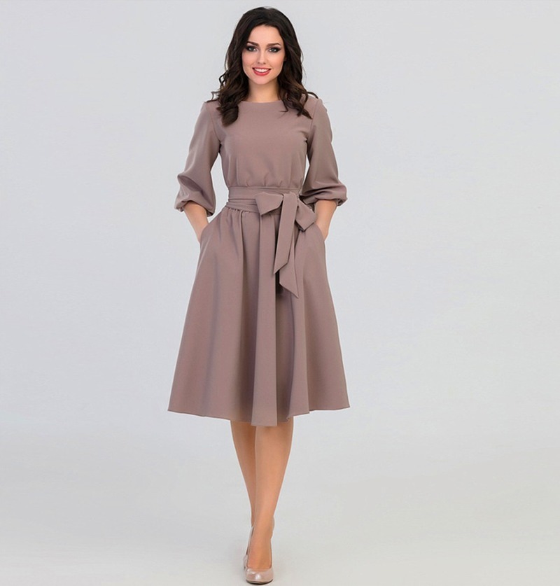 High Waist A Line Chic Dress for Women Elegant Three Quarter Sleeve Ladies Tie Neck Party Beach es 210428
