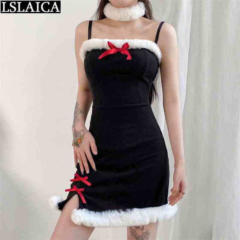 Christmas Dress Bowknot Plush Stitching Contrast Color Split Sling Sleeveless Mini Women Fashion Clothing 210515