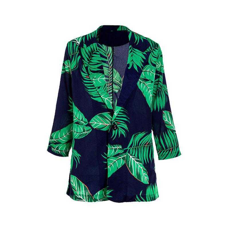 GetSpring Women Blazer Leaf Printed Green Coat Three Quarter Sleeve Single Breasted Women's Slim Suit Jacket Autumn 210930