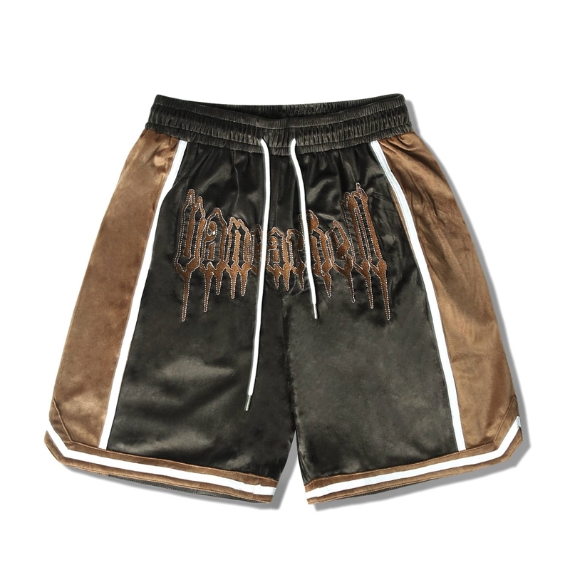 Men Hip Hop Gold Velvet Embroidered High Street Shorts Casual Summer Wide Leg Pants Straight Baggy Streetwear 210629