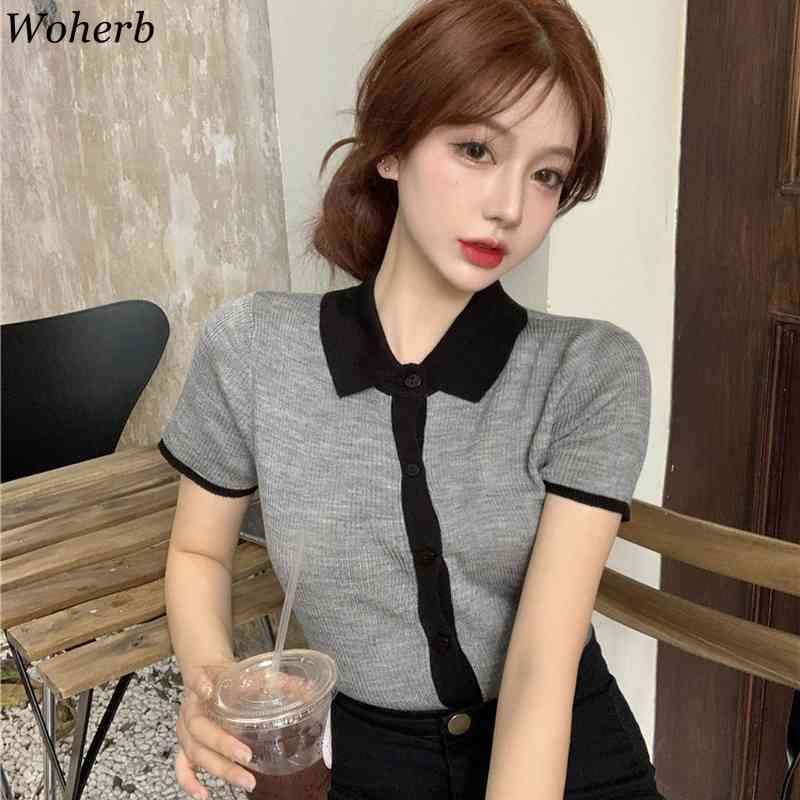 Thin Knitted T-shirt Women's Summer Korean Shirt Turn Down Collar Contrast Color Patchwork Slim Short Sleeve Tops 210519
