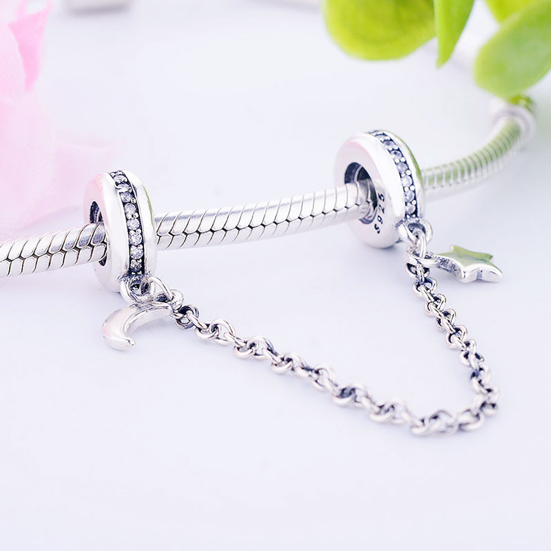 Authentic 925 Sterling Silver Moon Star Dangle Safety Chain Beads Fit Original Brand Charm Bracelet DIY Jewelry Making Berloque