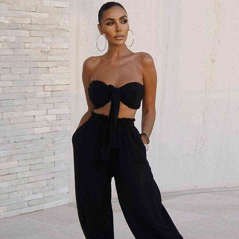 Asia Sexy Two Piece Set Women Sleeveless 2 Layer Bandage Crop Top Vintage Wide Leg Pants Woman Suit Autumn Party Outfits 211105