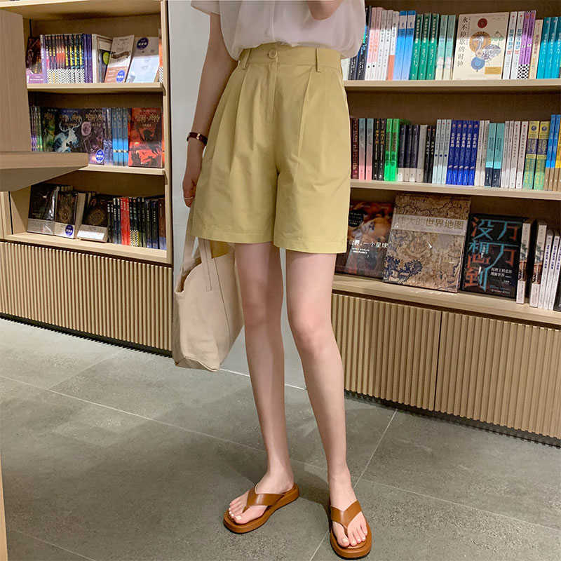 Summer Women Shorts Korean Fashion Bottoms Causal Solid High Waisted Wide Leg Short Feminimos 6H784 210603