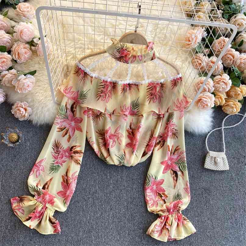 Women Fashion Stand Neck Lace Stitching Sweet Long Sleeve Slim Chiffon Shirt Holiday Ruffle Elegant Korean Clothing Blouse R071 210527