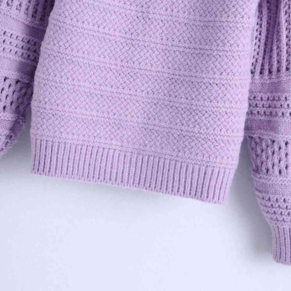 Female Purple Single Breasted Fashion V Neck Cardigan Hollow Out Vintage Sweater Female Chic Long Sleeve Knitted Blouse 210521wtt