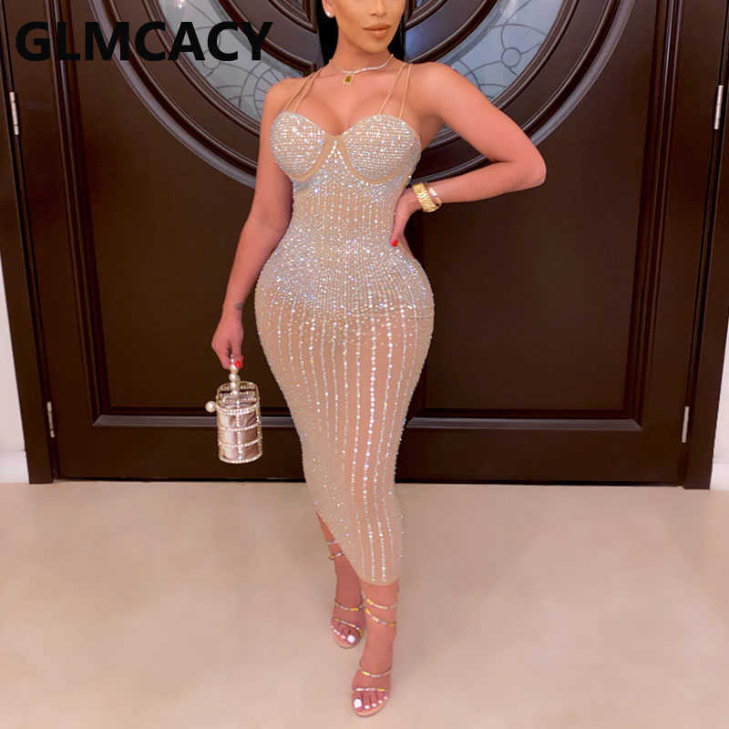 Women Spaghetti Strap Mesh Dress Diamond Embellished Party Midi Dresses 210702