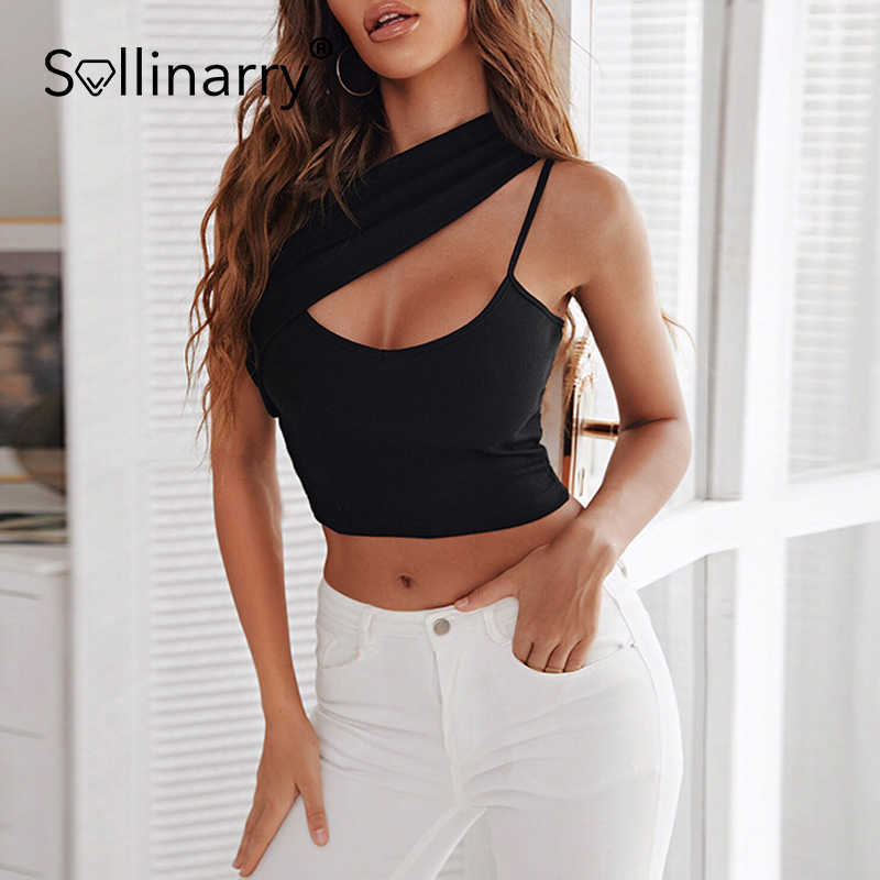 Sollinarry Patchwork rib knitted summer crop top Sleeveless one shoulder woman tops Sexy clubwear slim solid short camisole 210709