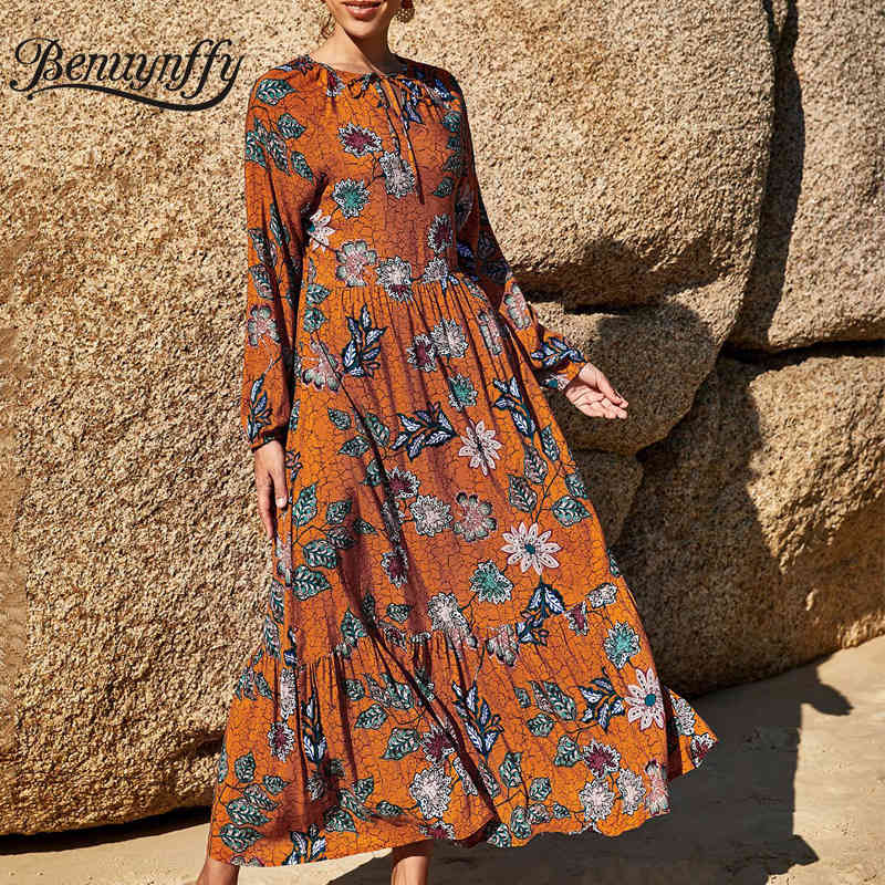 Tie Neck Spring Print Long Maxi Dresses Women Holiday Casual High Waist Sleeve Pleated Swing Dress Clothing 210510
