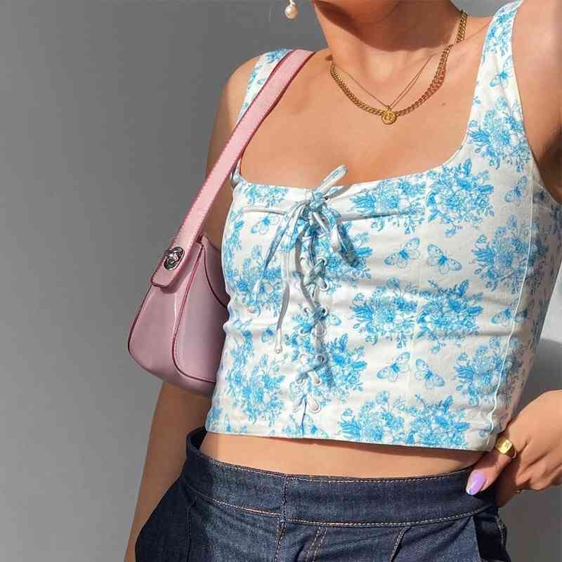 Harajuku Floral Print Camis Women Summer Cross Lace-up Bandage Tank Tops Retro Cool Girl Sexy Slim Crop Top Tees 210429