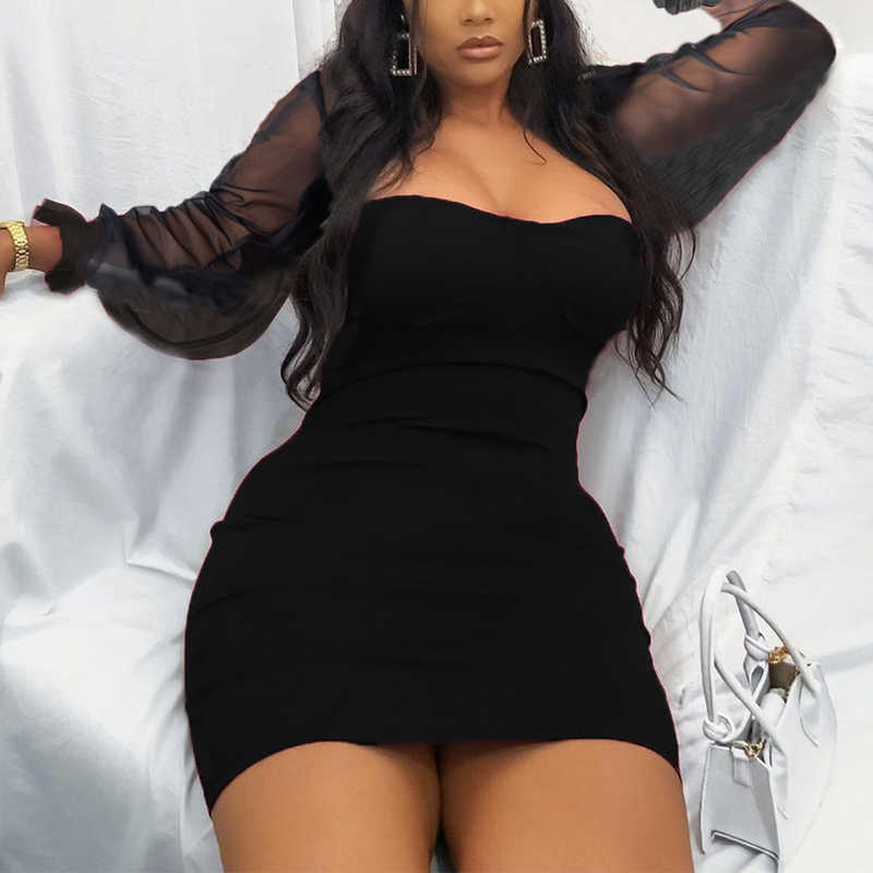 Mesh Sleeve Square Neck Bodycon Party Club Mini Dress 210702