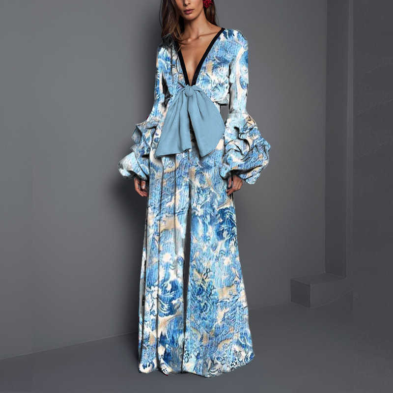 Women Jumpsuit Bow Flared Sleeves V-neck Rompers Womens Vintage Casual Plus Size Print s Fashion 210524