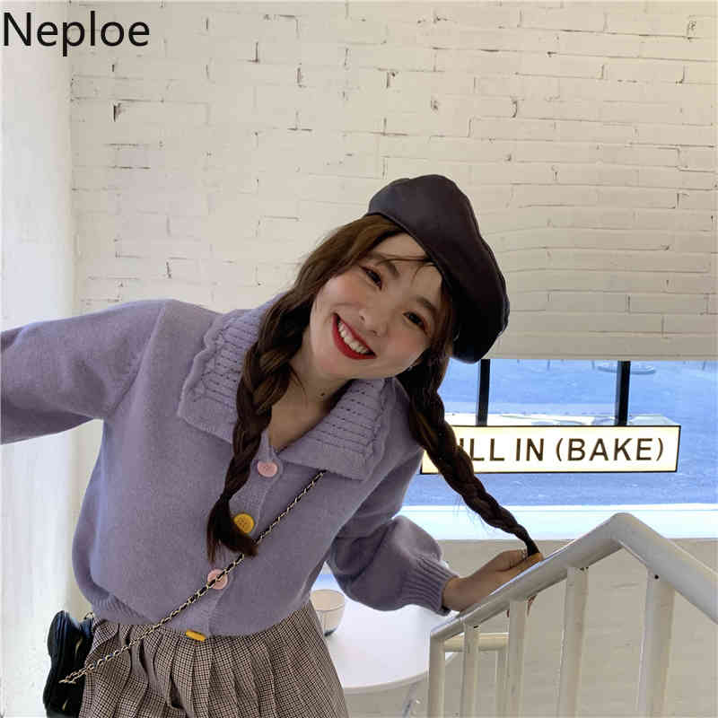 Neploe Vintage Knitted Cropped Cardigan Chic Single Breasted Sweet Sweaters for Women Loose Long Sleeve Sueter Coat Pull Femme 210422