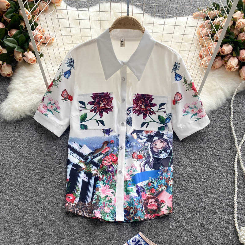 DEAT Women Lapel Short Shirt Printing Shorts Arrivals Two Piece Set Fashion Temperament Spring Summer 11D1567 210709
