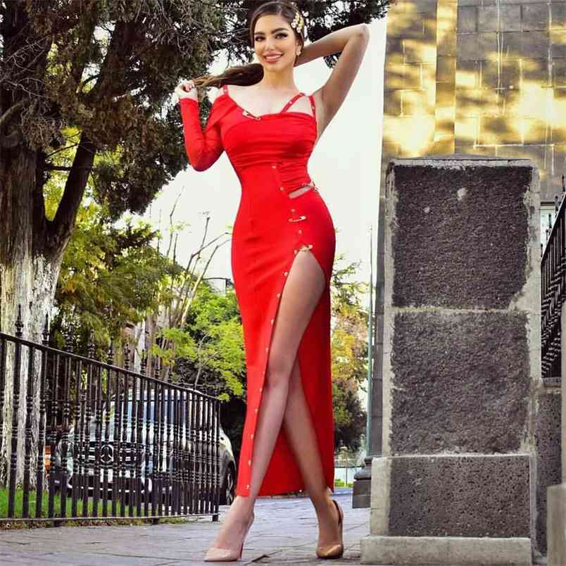 Free Autumn Women's One-shoulder Long Sleeve Hollow Bandage Dress Sexy Bodycon Split Club Party es 210524