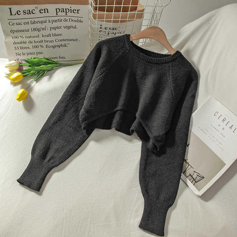Korobov Preppy Style Streetwear Crop Knit Pullovers Korean Long Sleeve O Neck Solid Sweaters Vintage Jumper Femme 211011Z