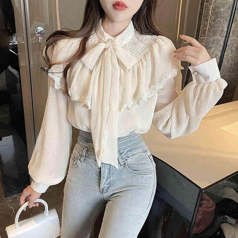 Nomikuma Spring Elegant Pleated Blouse Shirt Korean Bow Tie Stand Neck Ruffle Blouse Causal Pullover Blusas Top New 6E482 210427