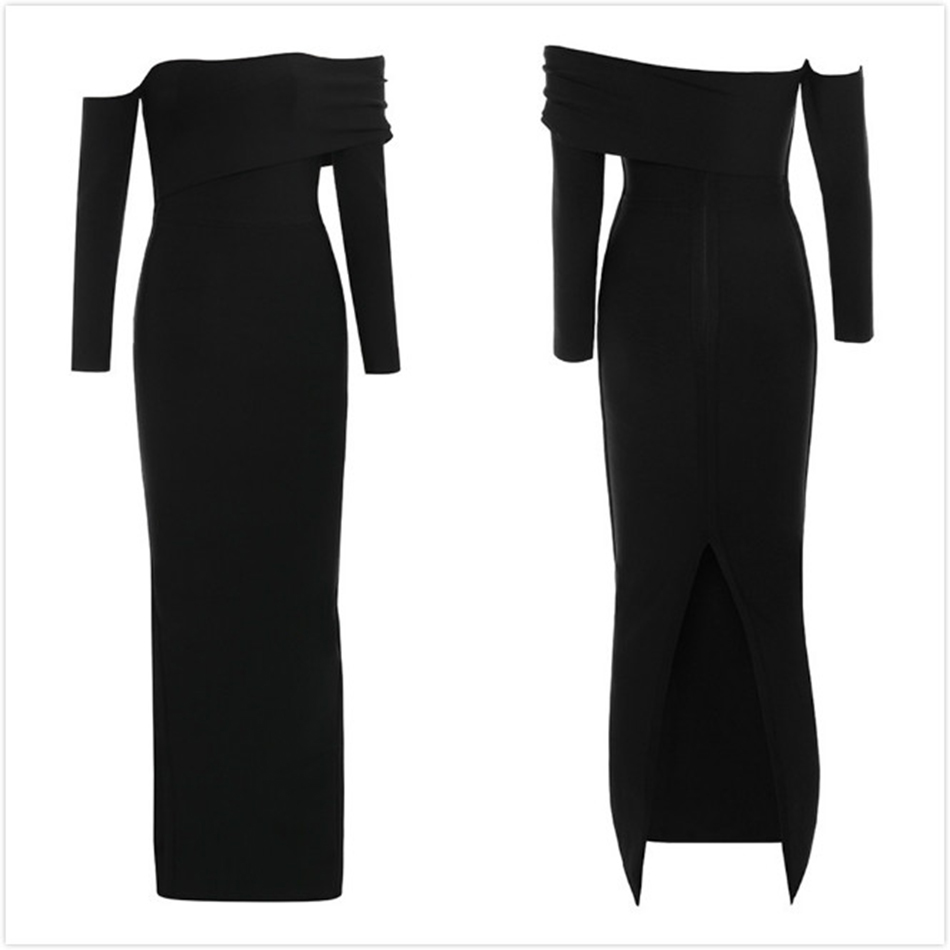 Free Off-shoulder Long Sleeve Black Bandage Dress Women's Sexy Halter Bodycon Rear Split Club Party Vestidos 210524