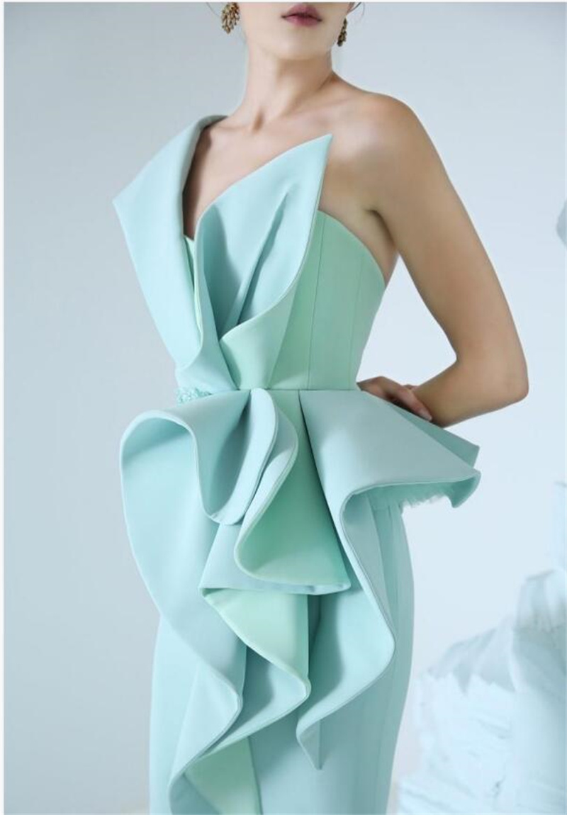 Mint Green Evening Dresses One Shoulder Ruffles Party Gowns Women Prom Dress Sleeveless Floor Length Princess Robe De Soriee